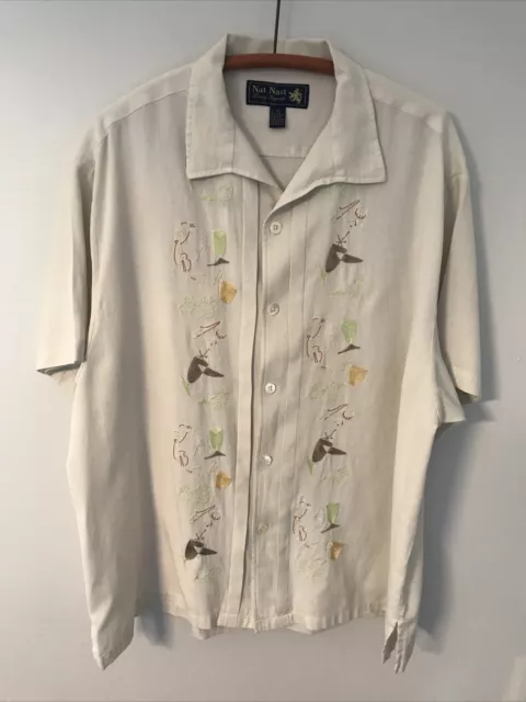 Nat Nast Limited Edition #12 Cocktail Capers Men's Cream 100% Silk Shirt Sz XL