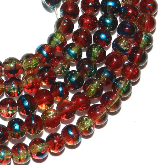 G3940 Red & Yellow Metallic Drawbench Swirl 4mm Round Crackle Glass Beads 32" 3