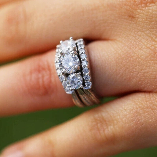 Three Stone Engagement Ring With Matching Bands 3.50 Ct Lab Diamond 925 Silver