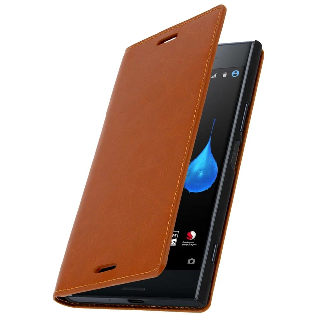 Etui Xperia XZ Premium Coque Clapet Portefeuille Cuir Camel - Fonction stand