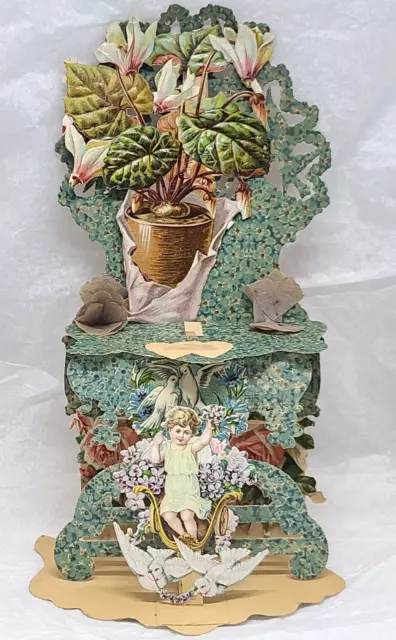 Large Victorian Embossed Die cut Valentine Pop-up Card Cupid with Botanical