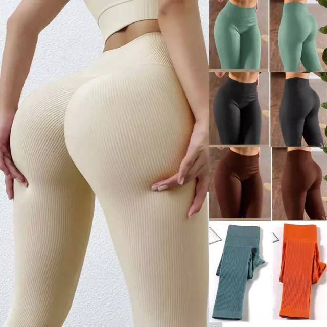 Womens High Waisted Seamless  Ribbed Stretchy gym Leggings Running Bottom Pants