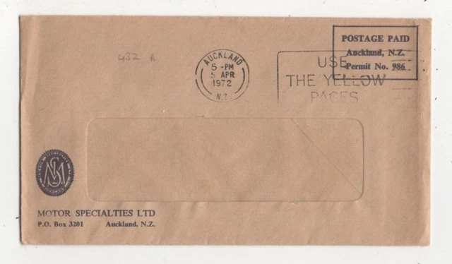 New Zealand Postage Paid Cover Auckland 5 Apr 1972 Motor Specialities Ltd 596c