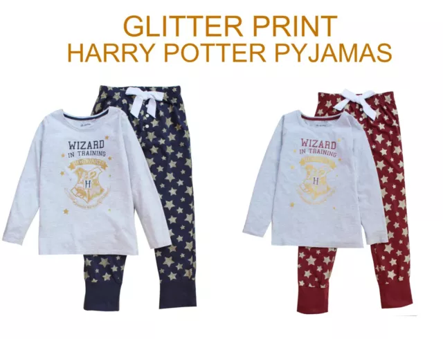 Girls Harry Potter Hogwarts Long Pyjamas Set with Glitter Crest and Stars SALE