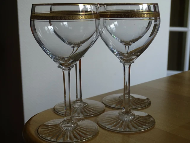 4 ANCIENS VERRES A VIN BLANC CRISTAL ST LOUIS MODELE LAURIER GOLD ht 13 cm