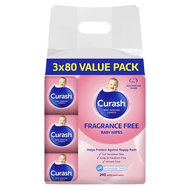 Curash Baby Wipes Fragrance Free 3 x 80 Value Packs Soap & Paraben Free