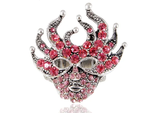 Beauty Orleans Masquerade Harlequin Mask Mardi Gras Pink Crystal Rhinestone Ring