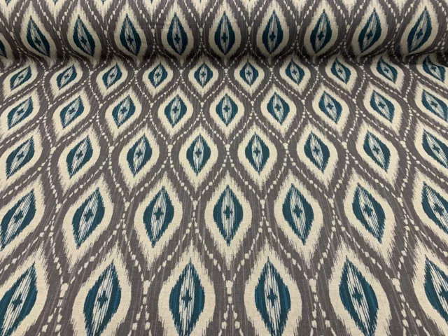 Persian Ikat Grey/TEAL Blue  Linen 140cm wide Curtain/Upholstery Fabric