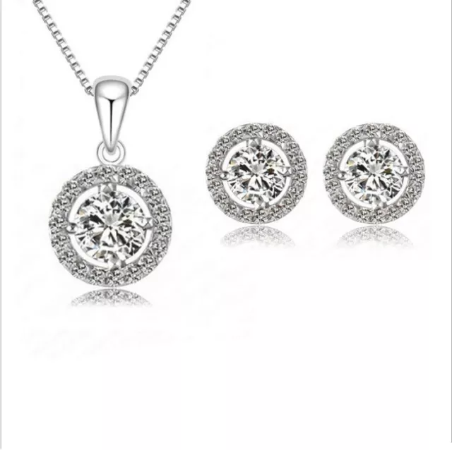 925 Silver Plated Women Shinny Necklace Earring Round Shinny Choker Set Gift
