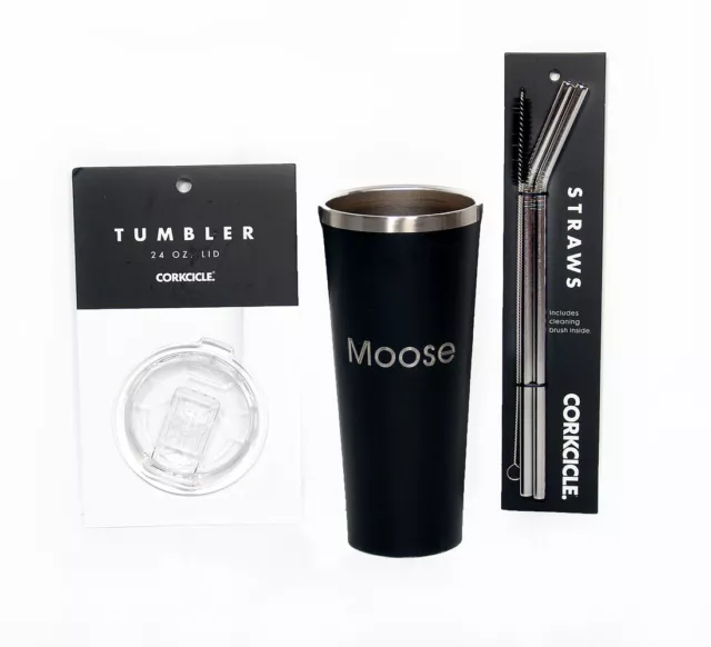 Corkcicle 24 oz Insulated Tumbler Travel Mug Engraved Moose & Stainless Straws
