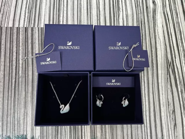 New Swarovski Iconic Blue Swan Necklace And Matching Earrings Set