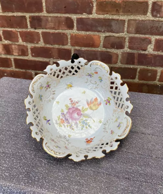 Vintage Dresden Porcelain Pierced Lattice Bowl With Gold Detail Rk