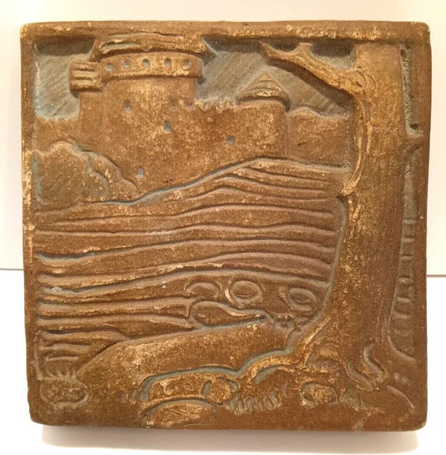 Batchelder Tile 3.75" square, Castle and woods Art & Crafts style