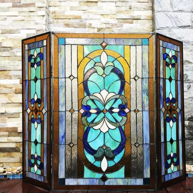 Victorian Theme Tiffany Style Stained Glass Decorative Fireplace Screen 3- Panel