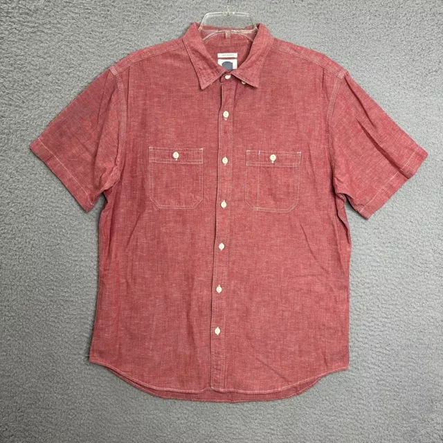 Old Navy Button Shirt Mens L Red Chambray Slim Fit Short Sleeve Cotton Linen