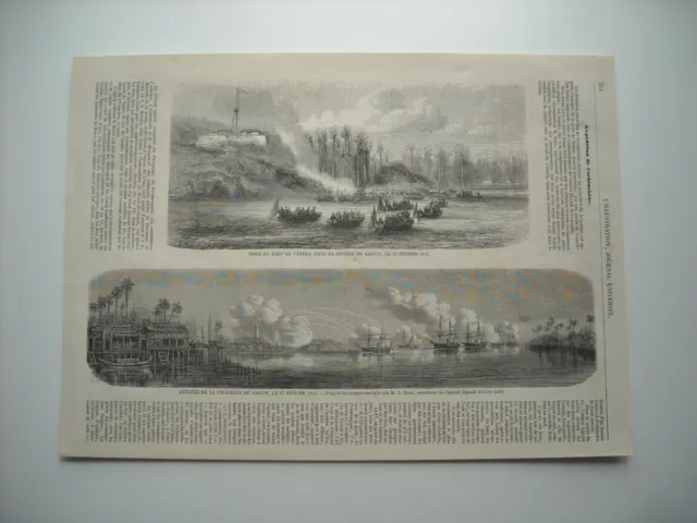 Gravure 1859. Expe Cochinchine. Prise Fort De Vantao. Attaque Citadelle Saïgon..