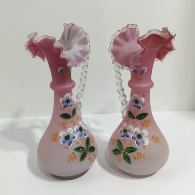 Pair Mt Washington Satin Glass Pink Ewers with Enamel Decor Victorian Art 2