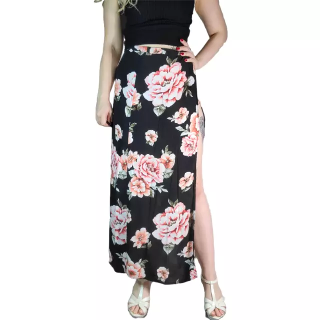 Forever 21 Skirt Womens Small Black Pink Floral Flower Long Flowy Side Slit Maxi