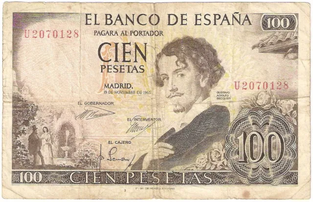 Spain banknote - 100 cien pesetas - year 1965 - Gustavo Adolfo Bécquer