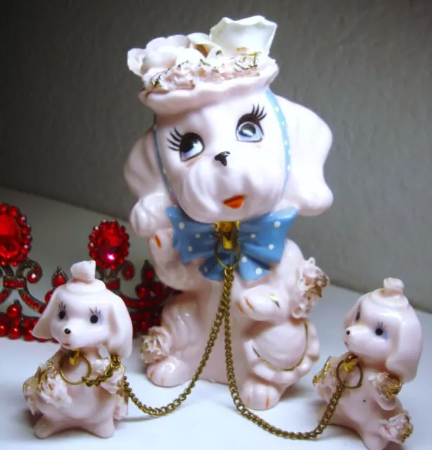 Unique Pink, White & Gold Porcelain Spaghetti Poodle Mom and (2) Pups Figurines