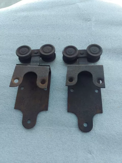 Two (2) Antique RW  Barn Door Rollers Hangers with Brackets Vintage Pair
