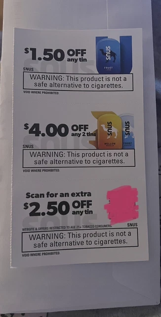 Snus Coupons $8 Value , Exp 11/30/2023