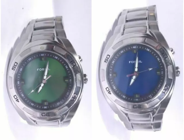 Fossil Bic Tic Watch Am3760 Analog Digital Steel Bracelet Silver Case Blue Green