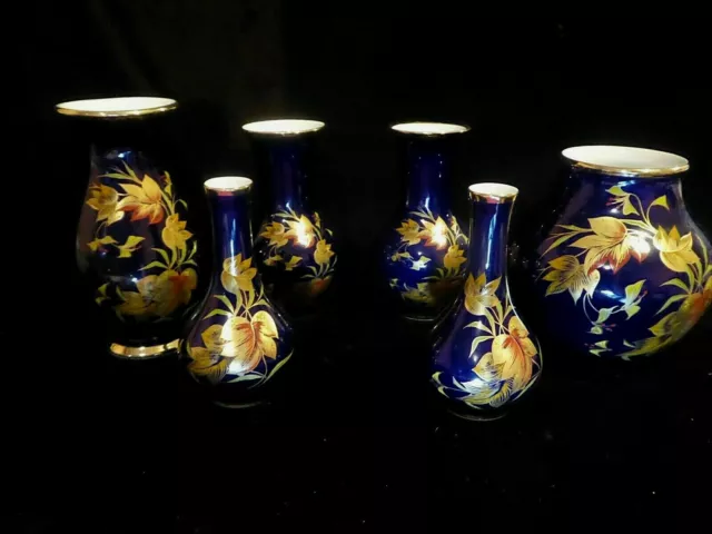 Royal Bavarian Porcelain KPM 6 Vases With Colourful Flowers Leaves Cobalt Blue