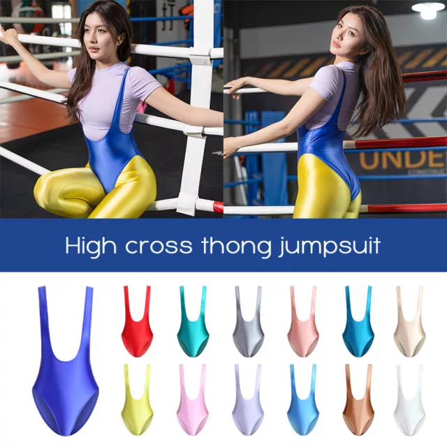 Women One Piece Glossy Shiny Swimwear Leotards High-Cut Briefs Body Suits Tights