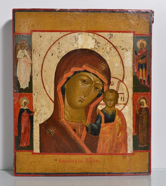 Russian Tempera Icon Our Lady of Kazan with selected Saints mid 19th Century