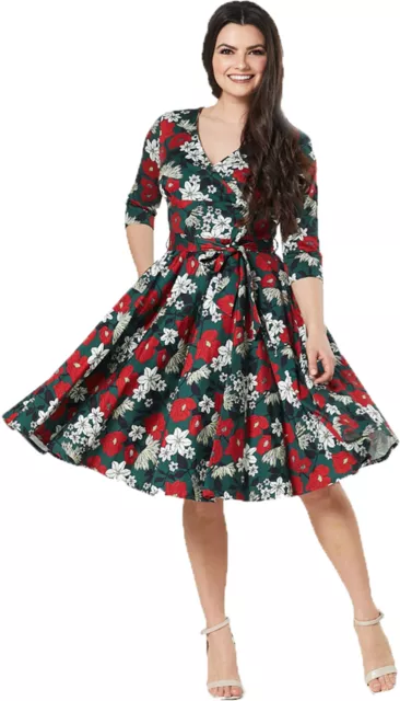 Timeless London ANGELA Vintage FLORAL Blumen V-Neck SWING DRESS Kleid Rockabilly