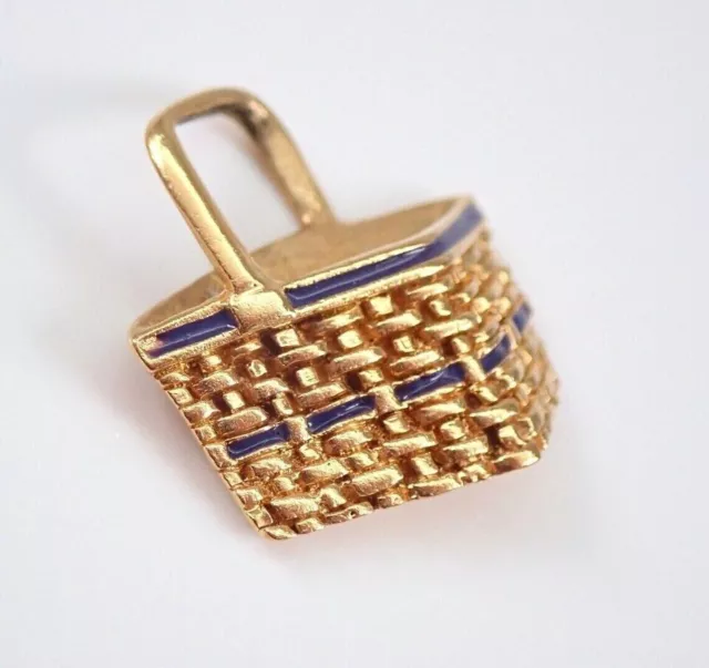 Vintage Estate 14K Yellow Gold Plated Basket Charm, Estate Blue Enamel Pendant