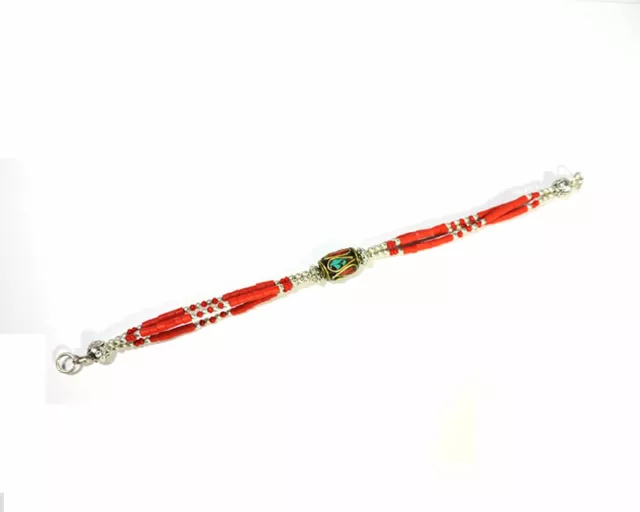 Naturel Tibétain Corail Rouge Turquoise Gemme Avec Argent Sterling Bracelet