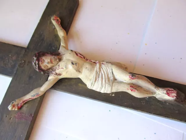 Antique 19th Century Painted Metal Wooden Cross CRUCIFIX Jesus FRENCH ? 14" Long