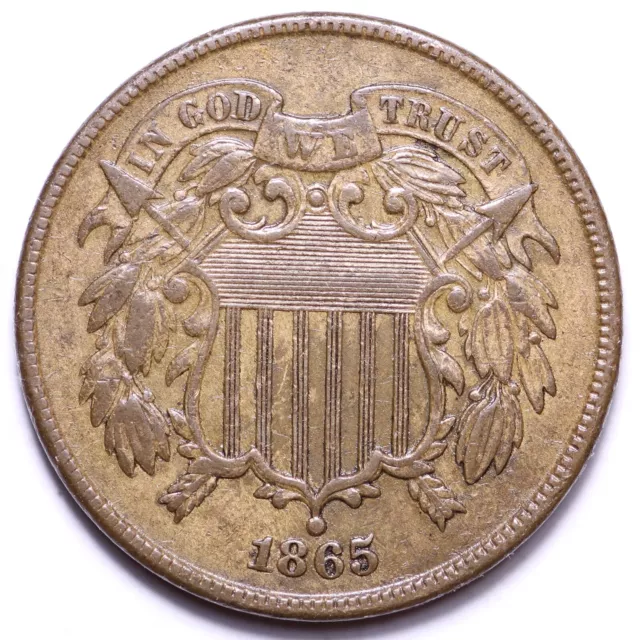 1865 FANCY 5 Two Cent Piece CHOICE AU+/UNC RARE E447 YEM