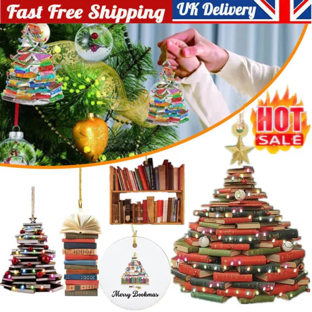 Book Lovers Bookshelf Ornament Hanging Christmas Tree Shape Pendant Wooden Decor