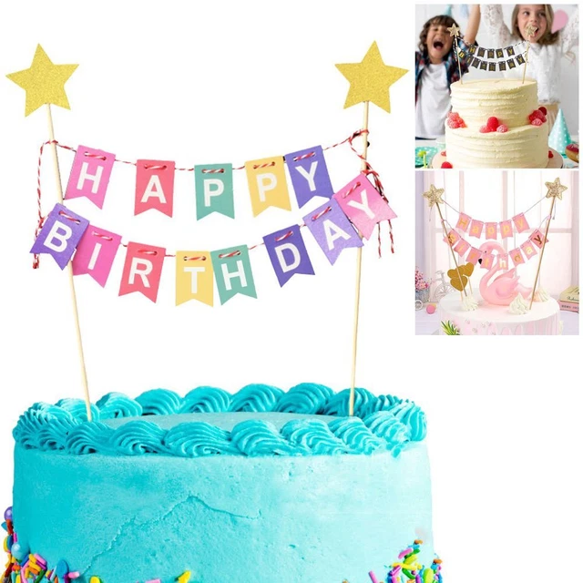 3 Décorations De Gâteau "Joyeux Anniversaire" - Fanions En Papier épais Sur Bâtons En Bois - Réutilisables