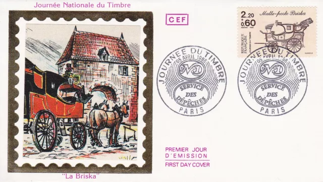 Enveloppe 1er jour CEF Soie 1986 Journée du timbre Malle Poste La Briska