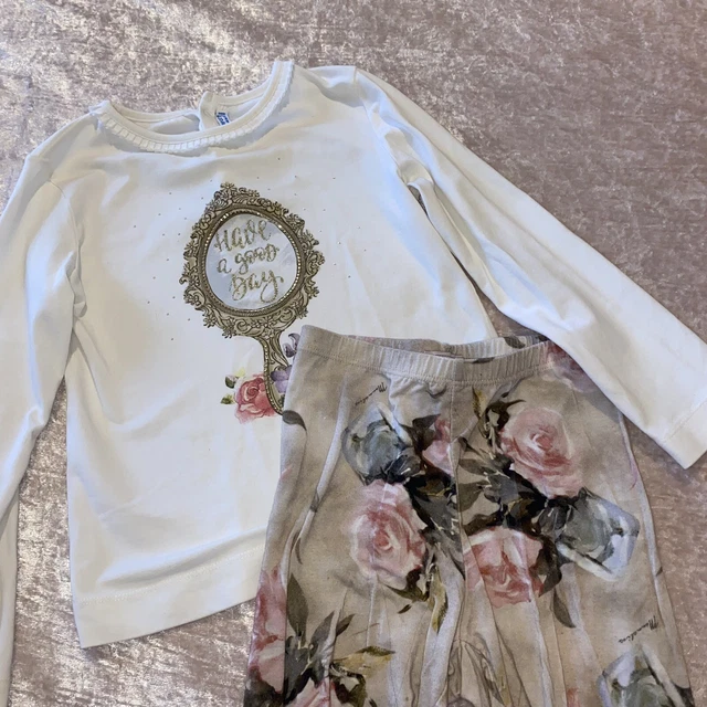 Monnalisa & Mayoral Girls White T-shirt Leggings Outfit Set Rose Mirror Age 6 5