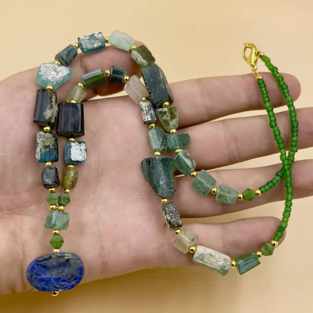 Very Beautiful Ancient Roman Glass Rare Beads Lapis Seal Bead Lovely Necklace