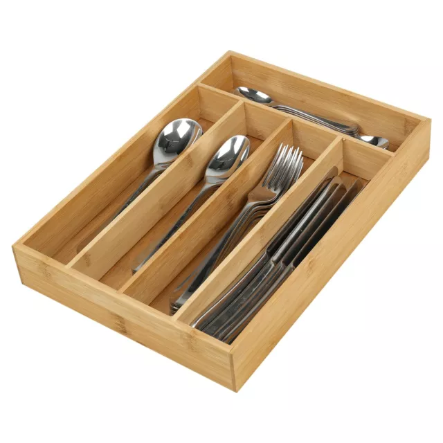 5 Section Bamboo Wooden Cutlery Tray Kitchen Drawer Utensil Organiser & Holder