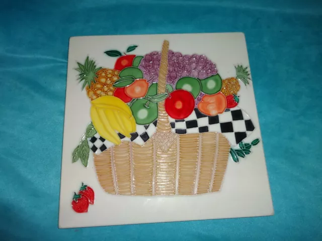 TILE MAJOLICA FRUIT BASKET ART NOUVEAU PORCELAIN COLLECTIBLE wall picture