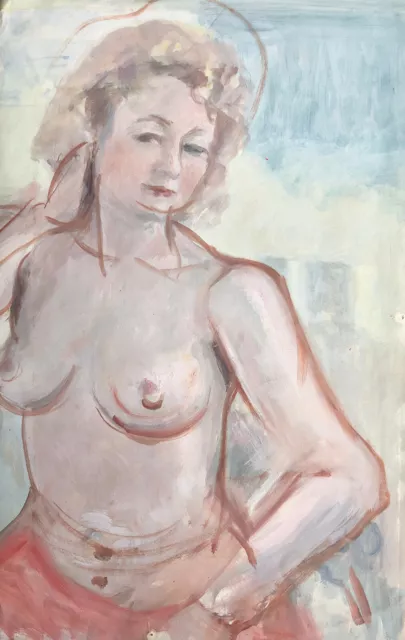 Grande Pittura Olio Su Carta Nudo Femminile Ritratto di Donna Quadro