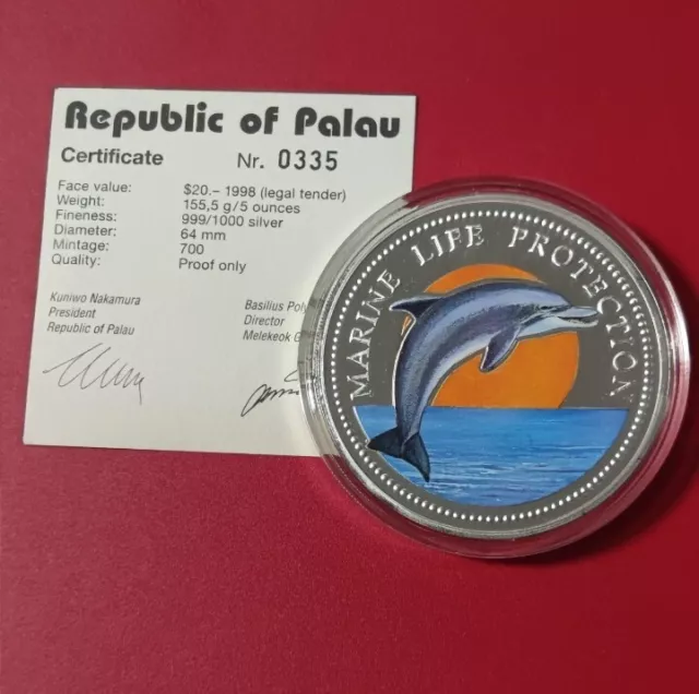 *Nur 700st.! Palau 20 Dollars 1998 5 Oz Silber PP /Farbe *Delfin (Schup.)