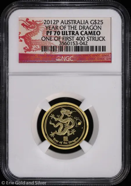 2012-P $25 Australia Proof 1/4oz Gold Year of the Dragon w/ COA NGC PR 70 UC