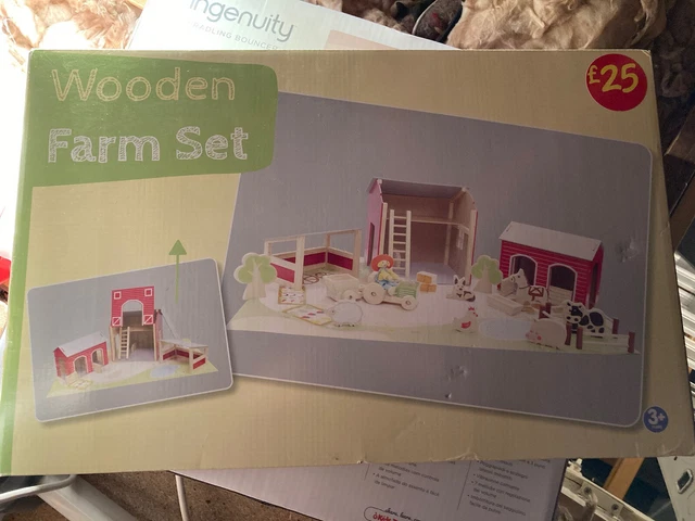 WOODEN FARM SET ASDA PLAYMAT 3 x BUILDINGS FARMER TRACTOR 14