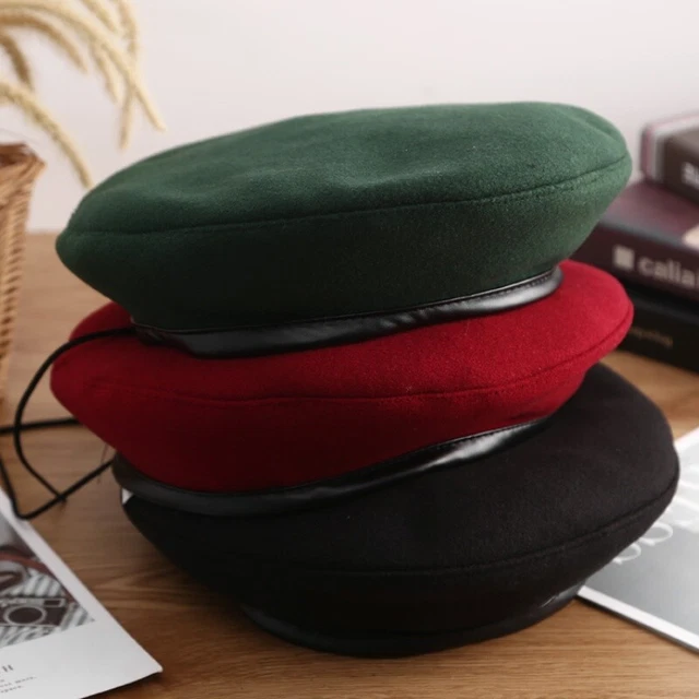 INAKOLIFE Ens Ladies Ilitary Hat Ary Beret Leather Tri With Ribbon
