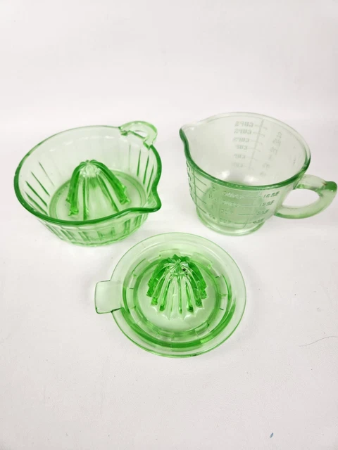 Vintage Vaseline Uranium Depression Glass Juicer Reamer Measuring Cup Lot of 3 Vintage Vaseline Uranium Depression Glass Juicer Reamer Measuring Cup Lot of 3