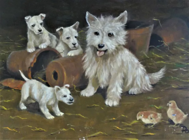 Vilmos PAKSI (1967) niedliches Gemälde: WESTHIGHLAND TERRIER, 3 WELPEN & 2 KÜKEN 2