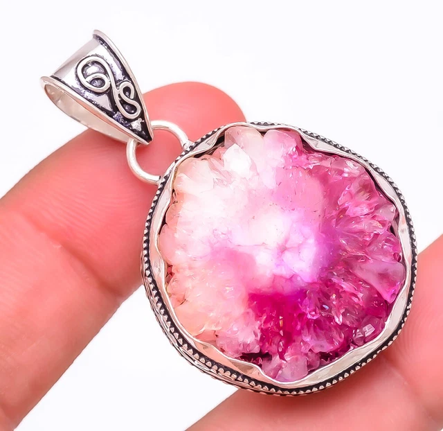 Pink Solar Quartz Drusy 925 Sterling Silver Jewelry Pendant 1.8" S1984